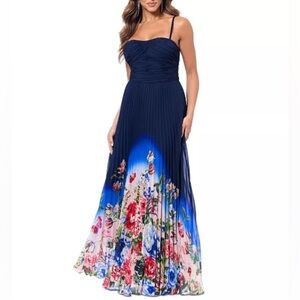New Xscape Sunburst Floral Ombre Long Dress Maxi Pleated Navy Blue Sz 4